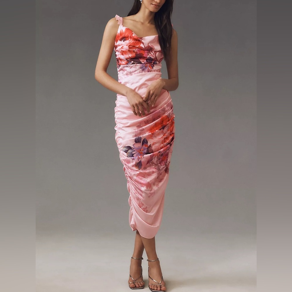 BHLDN by Anthropologie Callie Sleeveless Ruched Printed Charmeuse Midi Dress